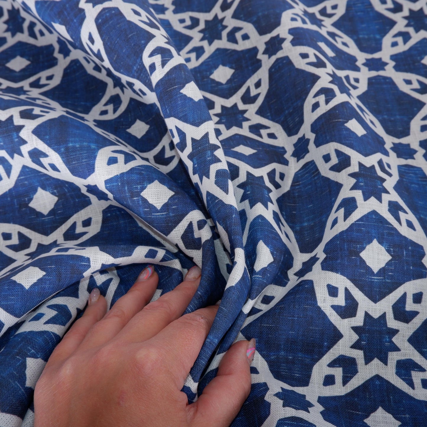 100% LINEN Fabric arabesque Abstract indigo blue - Oriental blue print on linen fabric for upholstery curtains dress making ARABESCA