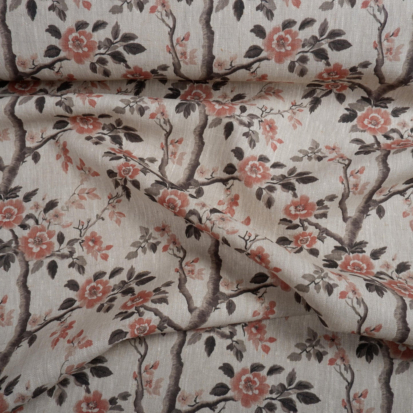100% LINEN Fabric block print - oatmeal linen fabric with pink brown floral print - fabric for upholstery home decor or dressmaking 2039