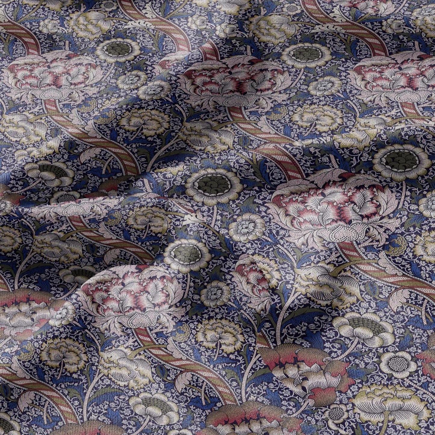 William Morris Wandle navy blue print on 100% LINEN - Victorian Art crafts linen Fabric - botanical Historical upholstery home textile