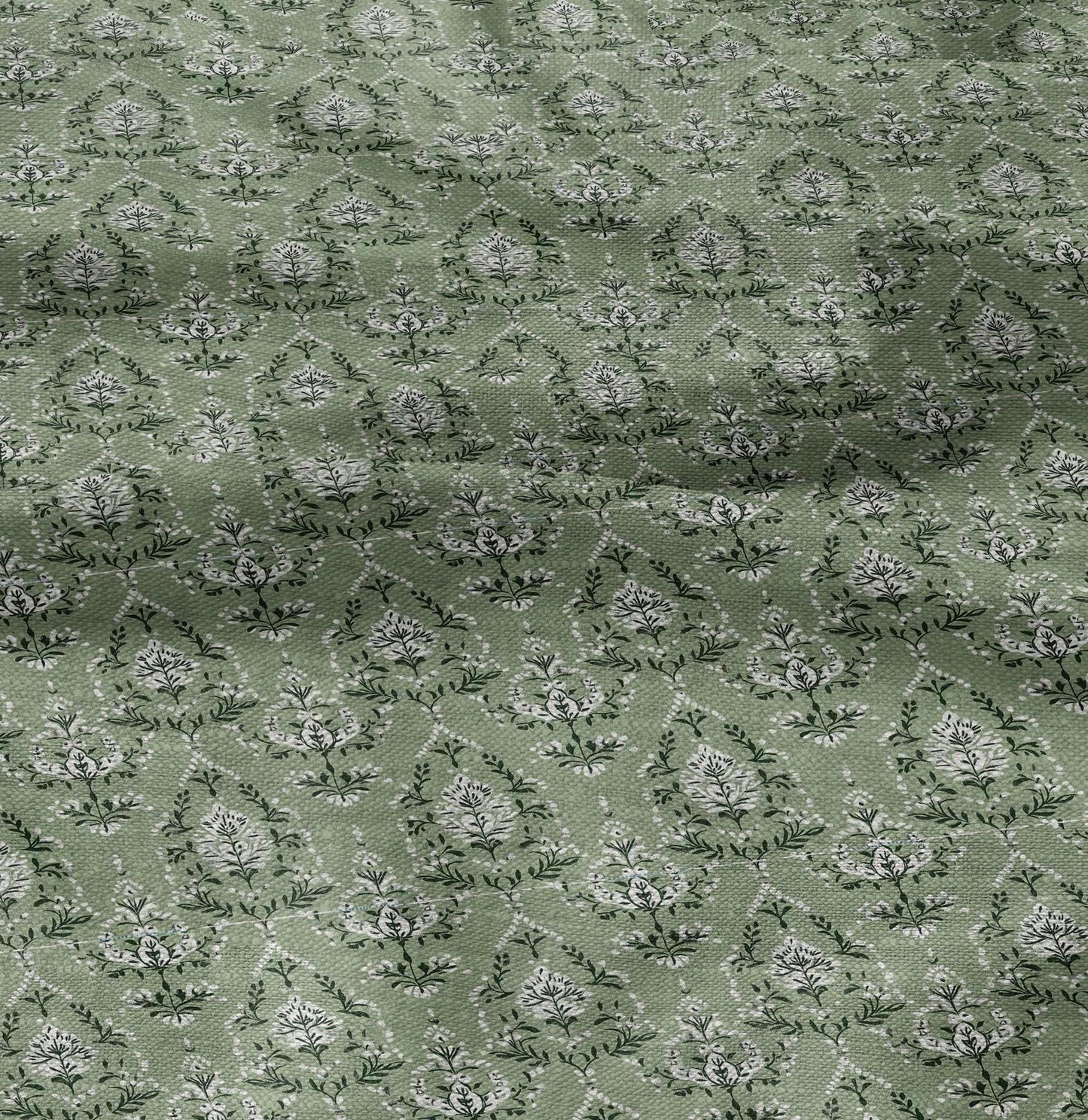 100% LINEN Fabric in floral block print - botanical green linen fabric for upholstery home decor curtains dress making pillowcases