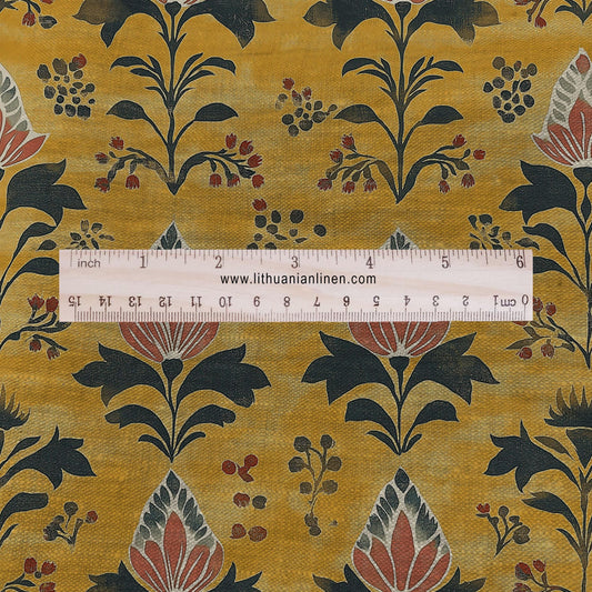 100% LINEN Fabric block print in mustard yellow - linen fabric with mustard floral print - linen fabric upholstery home decor dressmaking 2079