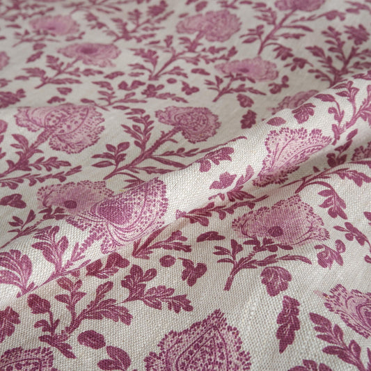 100% LINEN Fabric red Floral Block Print - Drapery Interior French Patterned Fabric for Curtain Pillow Accent Home Decor Living Room Bedroom