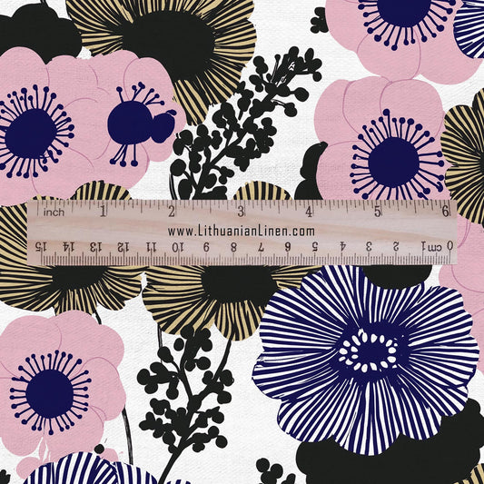 100% LINEN Fabric finnish navy blue pink abstract print - modern vintage floral linen fabric for upholstery or home decor 3023