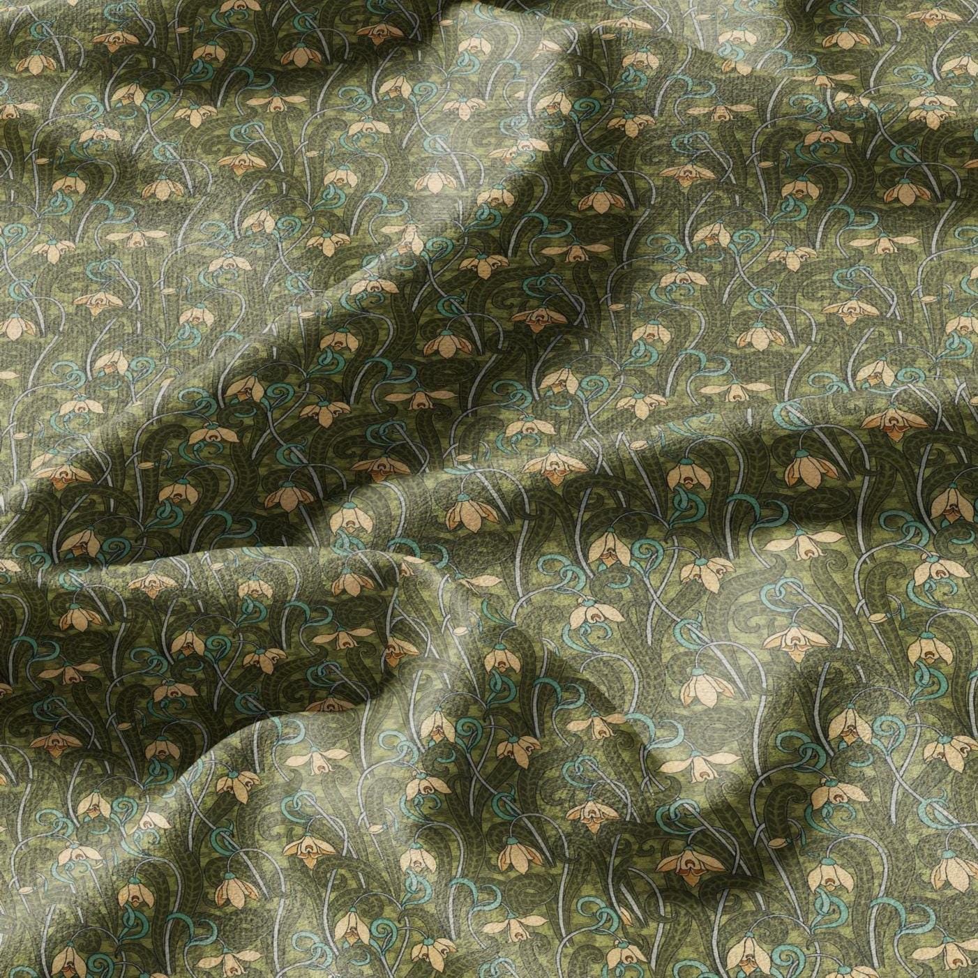 100% linen Snowdrop prints fabric for Curtain Upholstery Cushion - Art deco flower print fabric for dress making sewing
