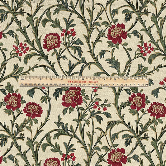 100% LINEN Fabric UPHOLSTERY 12oz - Benmore flower print on linen - Modern vintage pattern Beige red floral field 2062