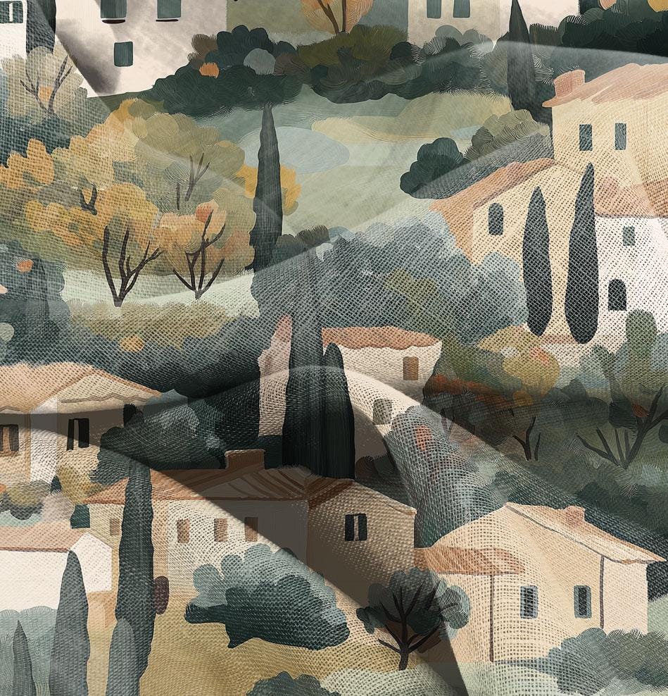 100% LINEN Fabric Tuscany landscape print, linen fabric with house and cypress tree print, heavy linen fabric for upholstery home decor