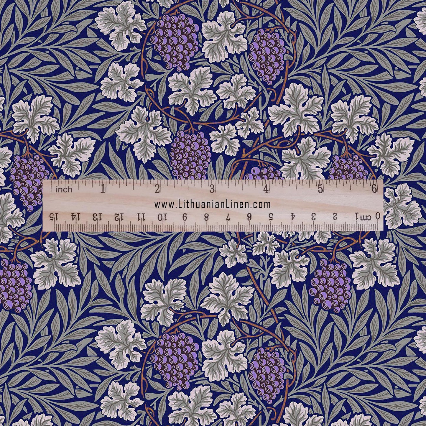 100% LINEN Fabric wine grapes purple from William Morris, Victorian fabric with blue floral print for upholstery home decor in Linen
