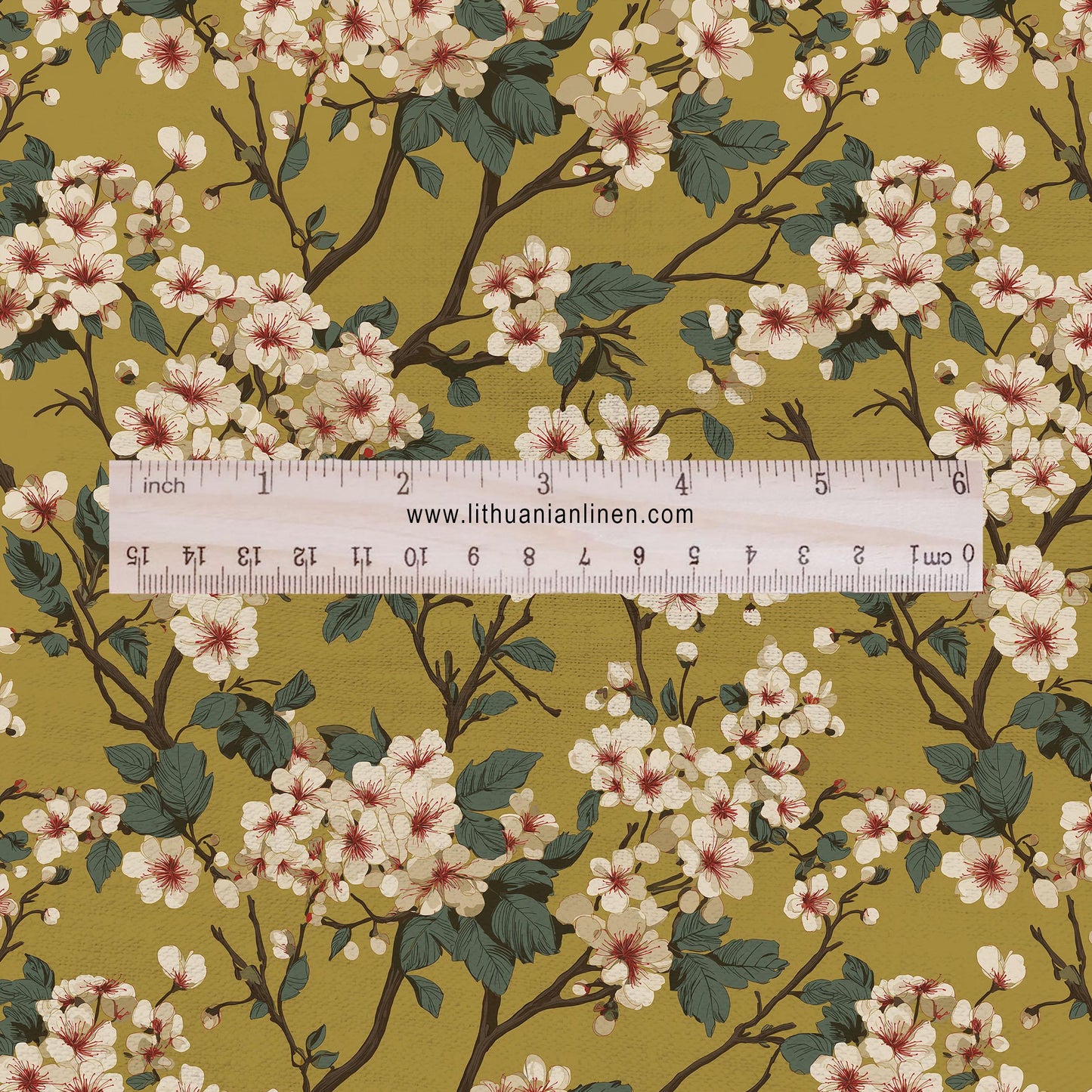 100% LINEN Fabric English flower print - mustard yellow beige floral print on white - heavy linen fabric for upholstery home decor 2612