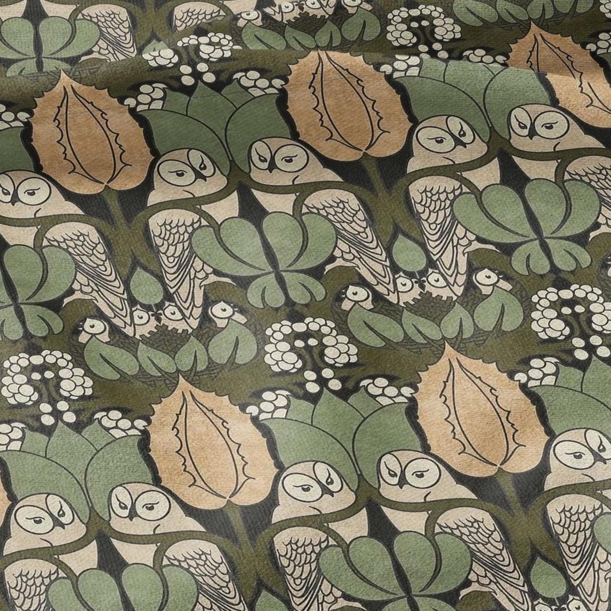 Owl Voysey green print on 100% LINEN - Victorian Art crafts linen Fabric - botanical Historical upholstery home textile