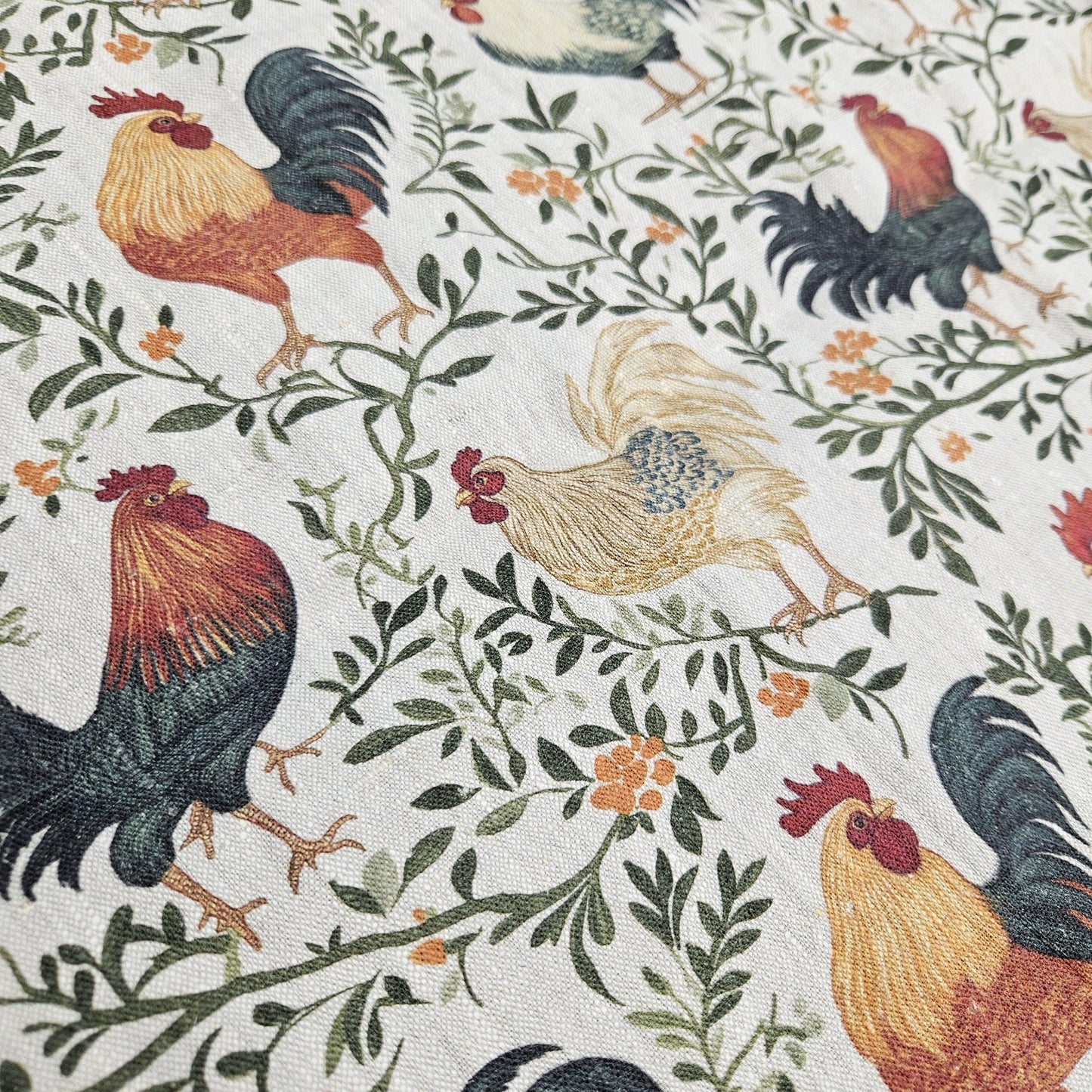 100% LINEN Fabric blue rooster farm on white linen - indigo blue countryside fabric for uphlstery heavy / medium for clothing 2266