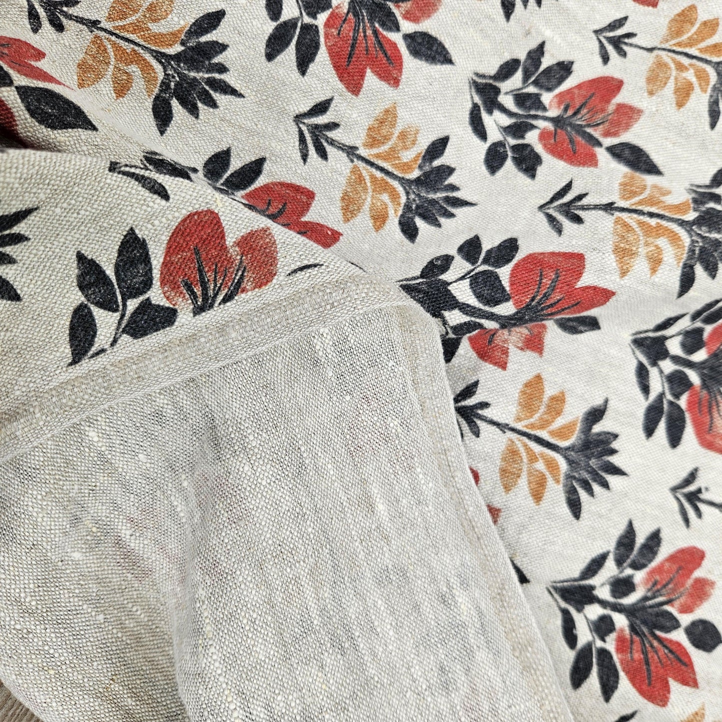100% LINEN Fabric block print black red on grey | oatmeal linen fabric with floral print | linen fabric for upholstery home decor 2002