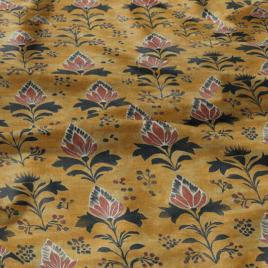 100% LINEN Fabric block print in mustard yellow - linen fabric with mustard floral print - linen fabric upholstery home decor dressmaking