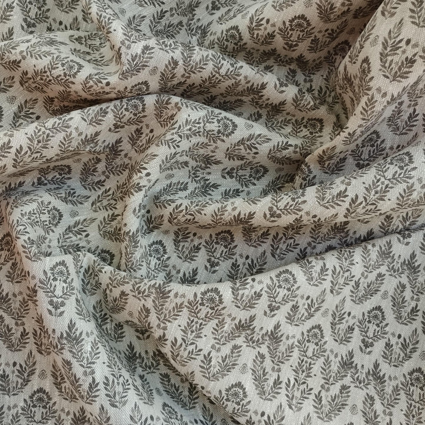 100% LINEN Fabric block print grey on linen, Heavy oatmeal linen fabric with grey print for upholstery home decor curtains 368N