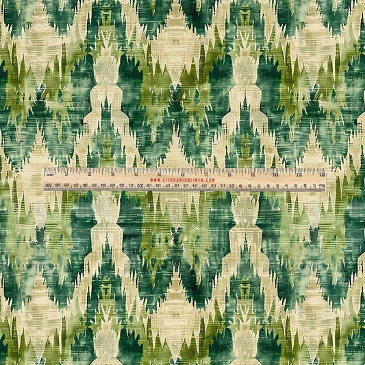 100% LINEN Fabric UPHOLSTERY 12oz - Green ikat print on linen 2087