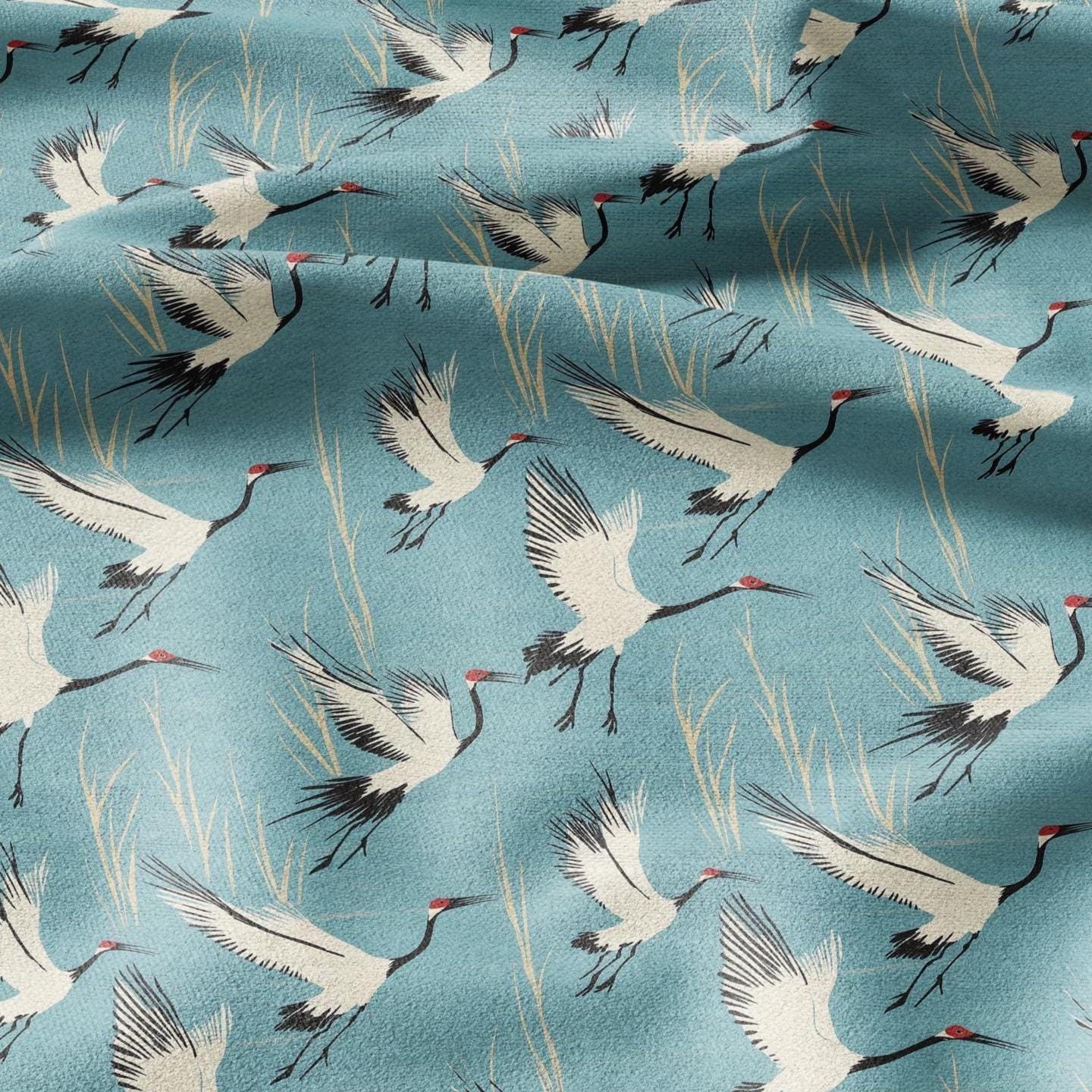 100% LINEN Fabric Cranes print - animal linen fabric with bird print for upholstery home decor curtains pillowcases dress making
