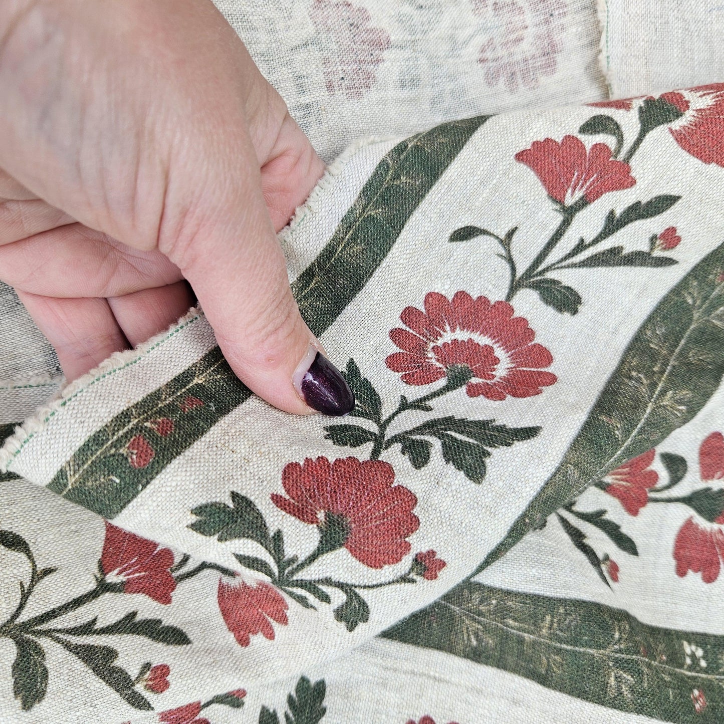 100% LINEN Fabric floral stripe block print oatmeal linen - green red gray heavy fabric upholstery - medium weight linen dress making 2506