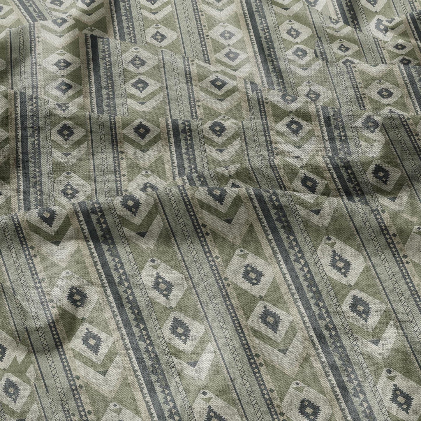 100% LINEN Fabric Western Abstract in pale green - tribal green print on linen print upholstery curtains dress making