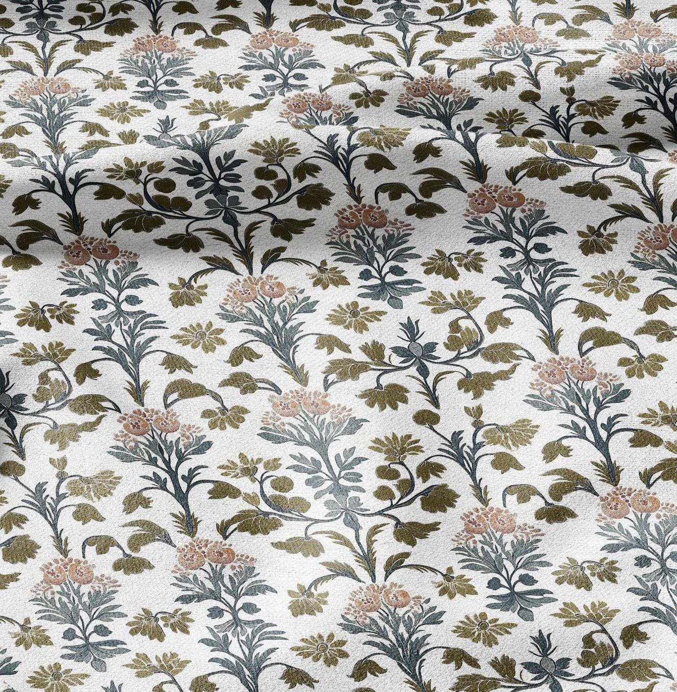 100% LINEN Fabric block print - linen fabric with blue red khaki white floral print - heavy linen fabric for upholstery home decor