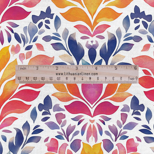 100% LINEN Fabric block print indigo colorful bold lush colors on white - floral print heavy linen fabric for upholstery home decor 2016