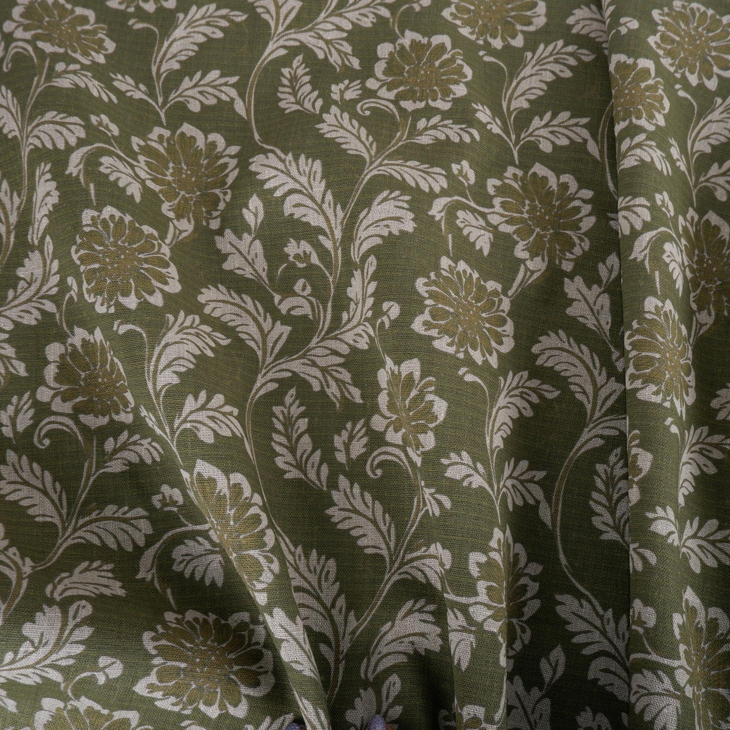 100% LINEN Fabric green floral block print on oatmeal natur linen - botanical greenery toile de jouy fabric, French linen floral upholstery