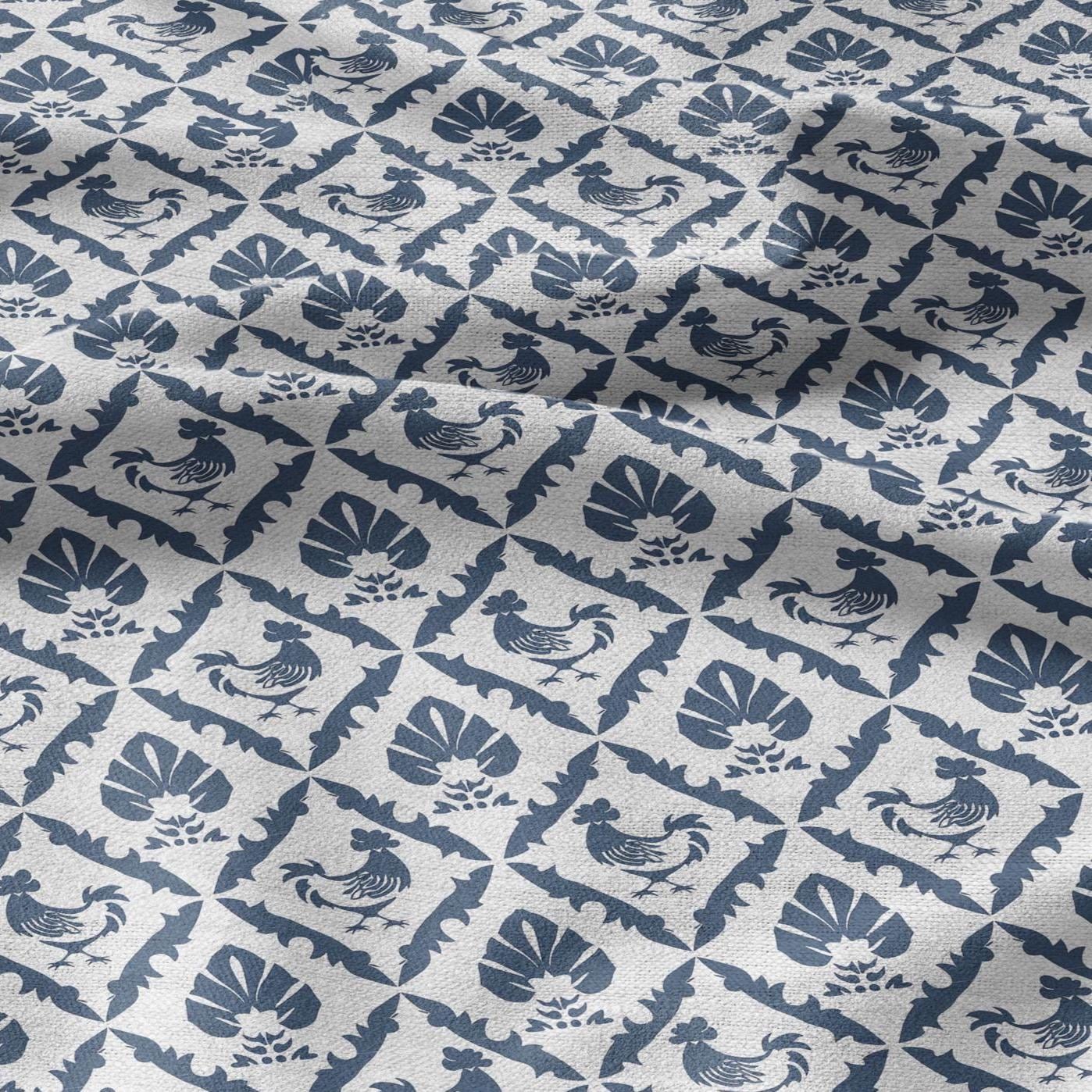 100% LINEN Fabric blue rooster farm on white linen - indigo blue countryside fabric for uphlstery heavy / medium for clothing 2581