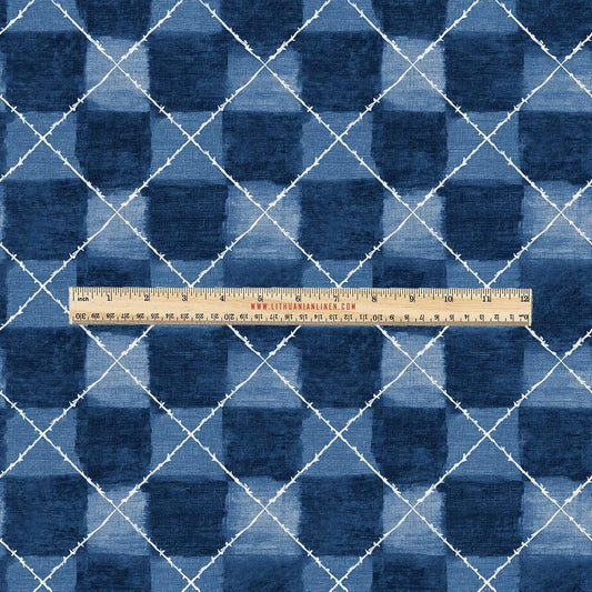 100% LINEN Fabric UPHOLSTERY 12oz - Indigo Shibori abstract squares - Modern Geometric Dark Blue Neutral Minimal upholstery 2978