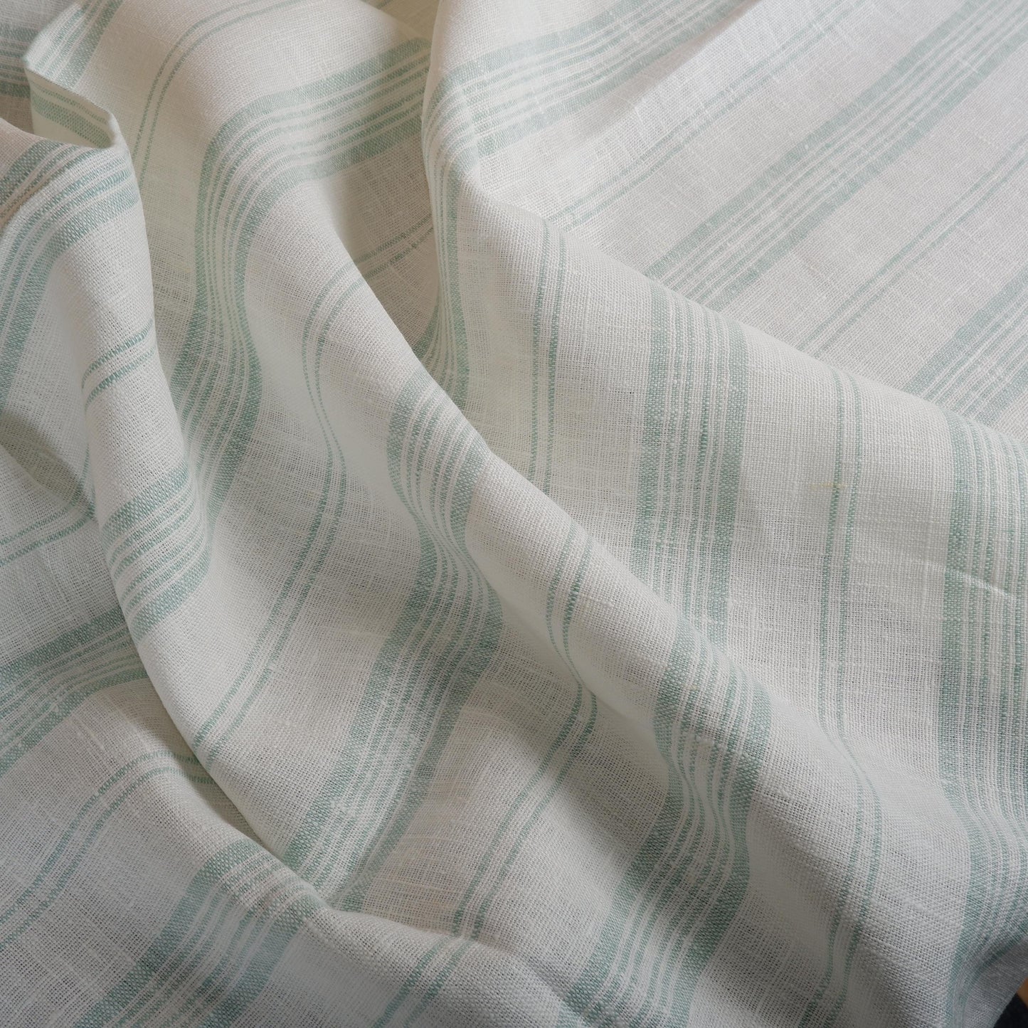Premium Linen striped Fabric in green white | Heavy weight French country stripes in green white