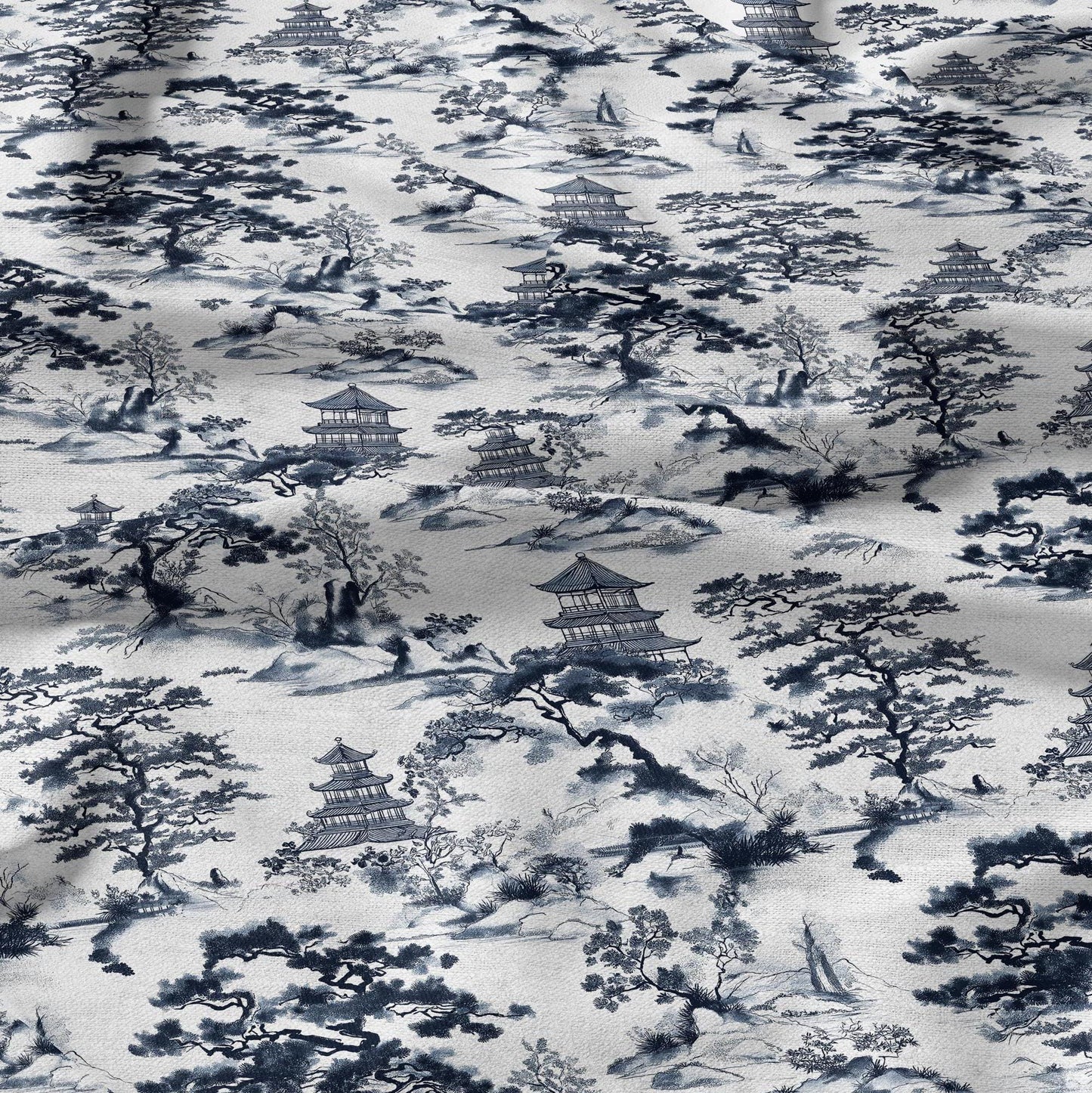 100% LINEN Fabric block print Kyoto Japan landscape - white linen fabric blue chinoiserie print - heavy linen fabric upholstery home decor