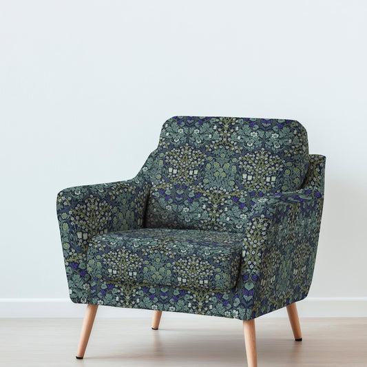 100% LINEN Fabric UPHOLSTERY 12oz - William Morris Blackthorn green blue print on linen - Modern vintage Victorian historical pattern 2107B