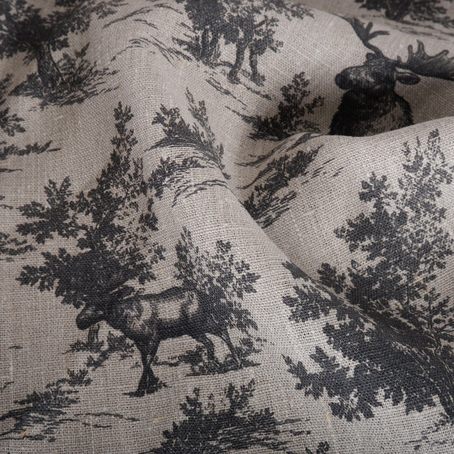 100% LINEN Fabric Toile de Jouy with Moose in forest - botanical fabric black print - linen floral fabric upholstery curtains dress making