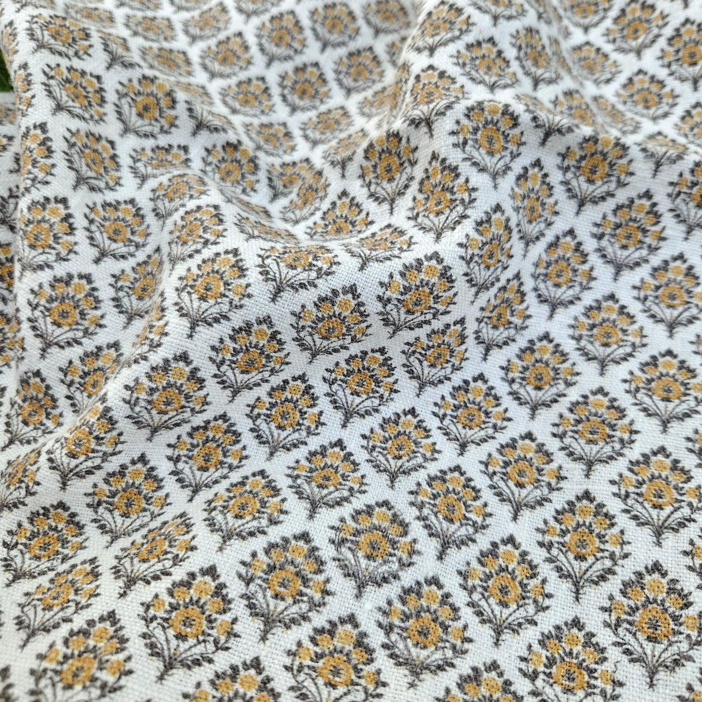 100% LINEN Fabric block print mustard brown yellow on white - heavy linen fabric upholstery home decor or medium for clothing 2513 Vadodara