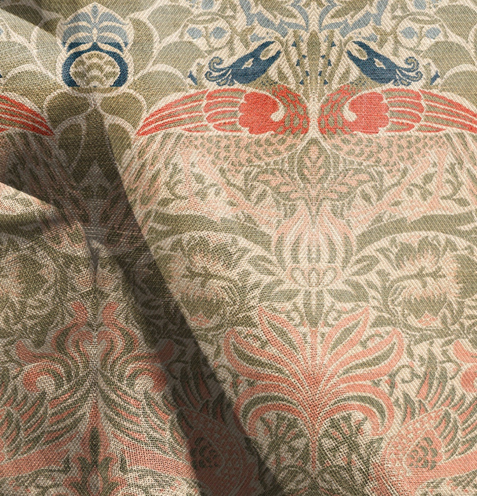 William Morris Dragon and peacock print on 100% LINEN, Victorian Art and crafts linen Fabric, Linen fabric botanical Historical pattern