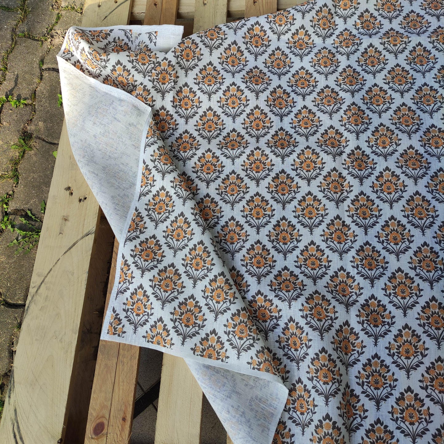 100% LINEN Fabric Floral block print mustard, heavy linen fabric with botanical print for upholstery home decor curtains cushions