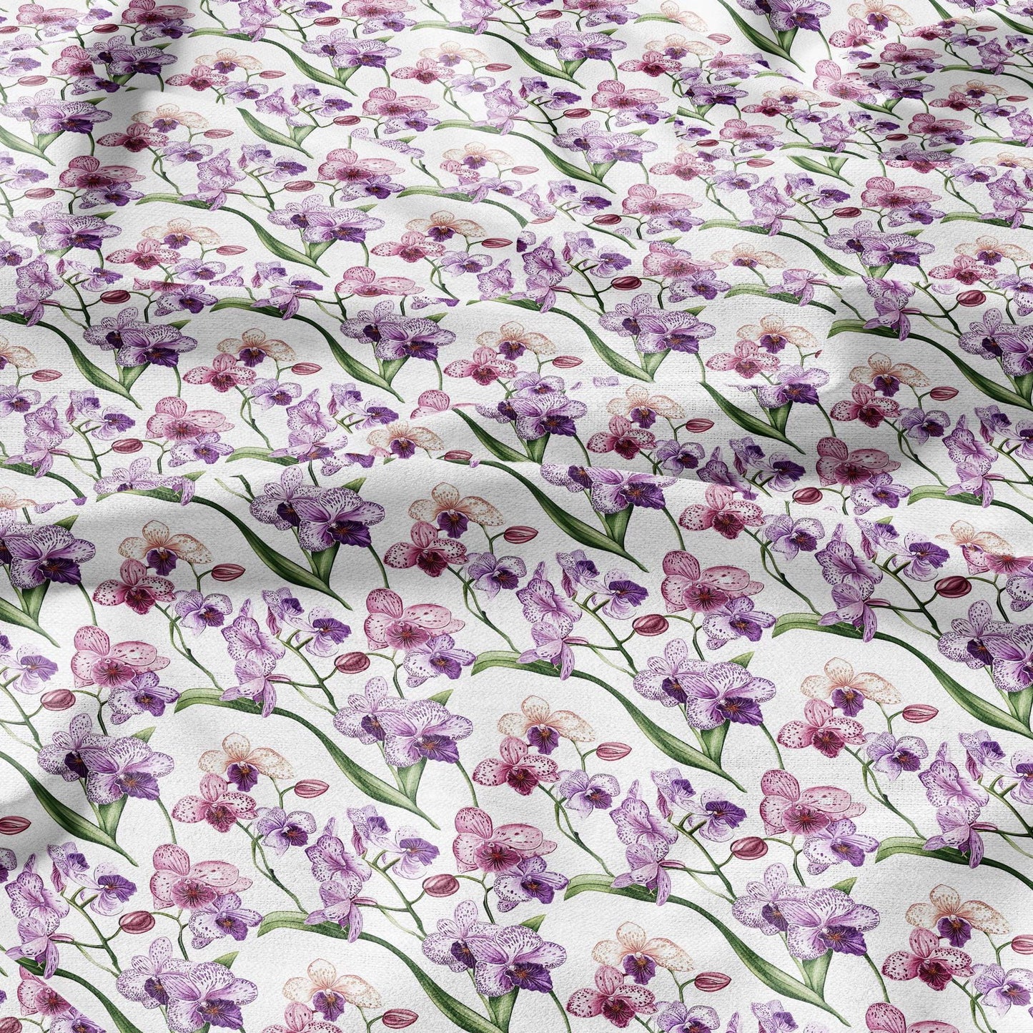 100% LINEN Fabric Floral pink purple orchid print - Hand Drawn Floral PINK Flower linen fabric upholstery home decor curtains pillowcases