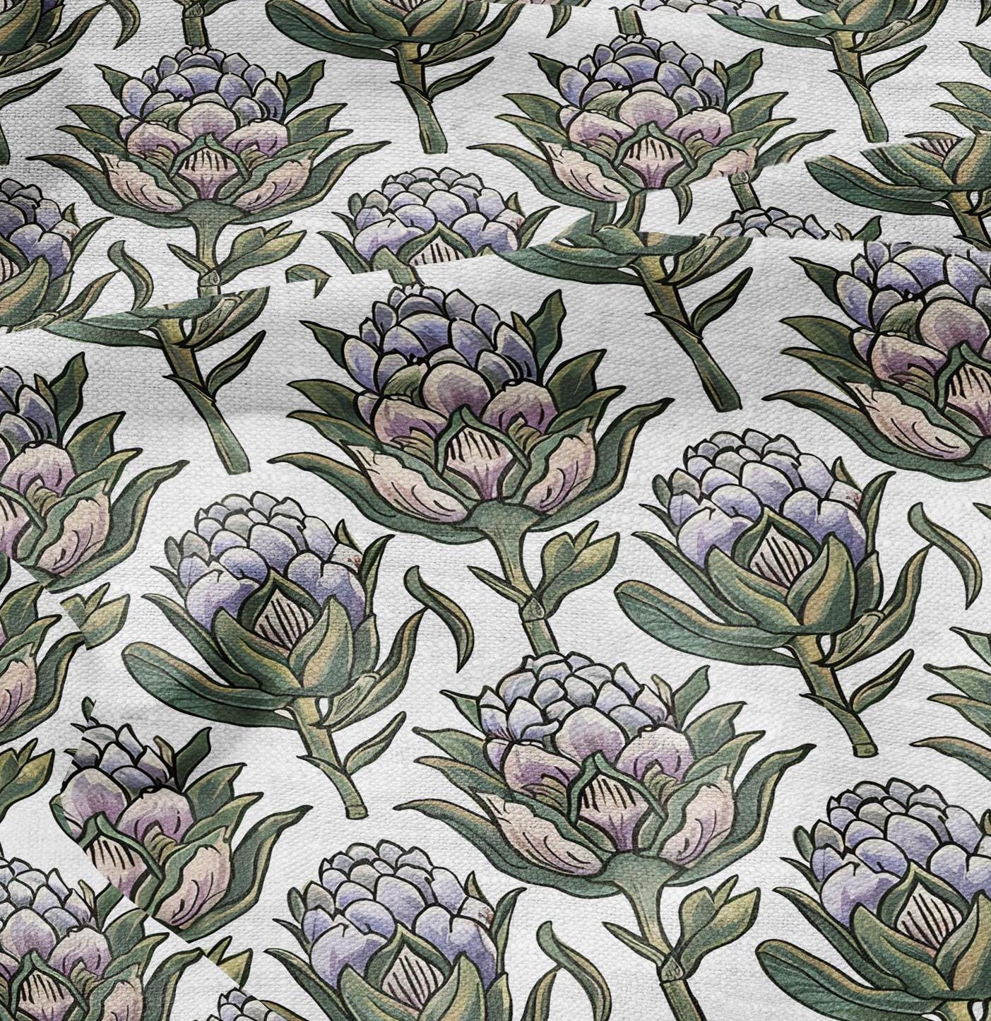100% LINEN Fabric block print Artichoke - oatmeal natur linen fabric with blue floral print - heavy linen fabric for upholstery home decor