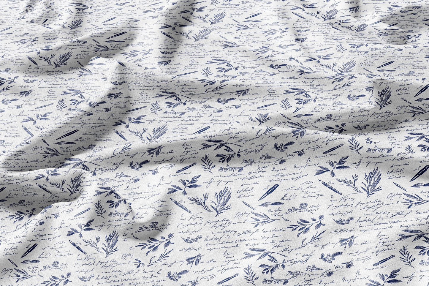 100% LINEN Fabric blue writting print on white linen - indigo blue letter fabric for uphlstery heavy / medium for clothing 2577