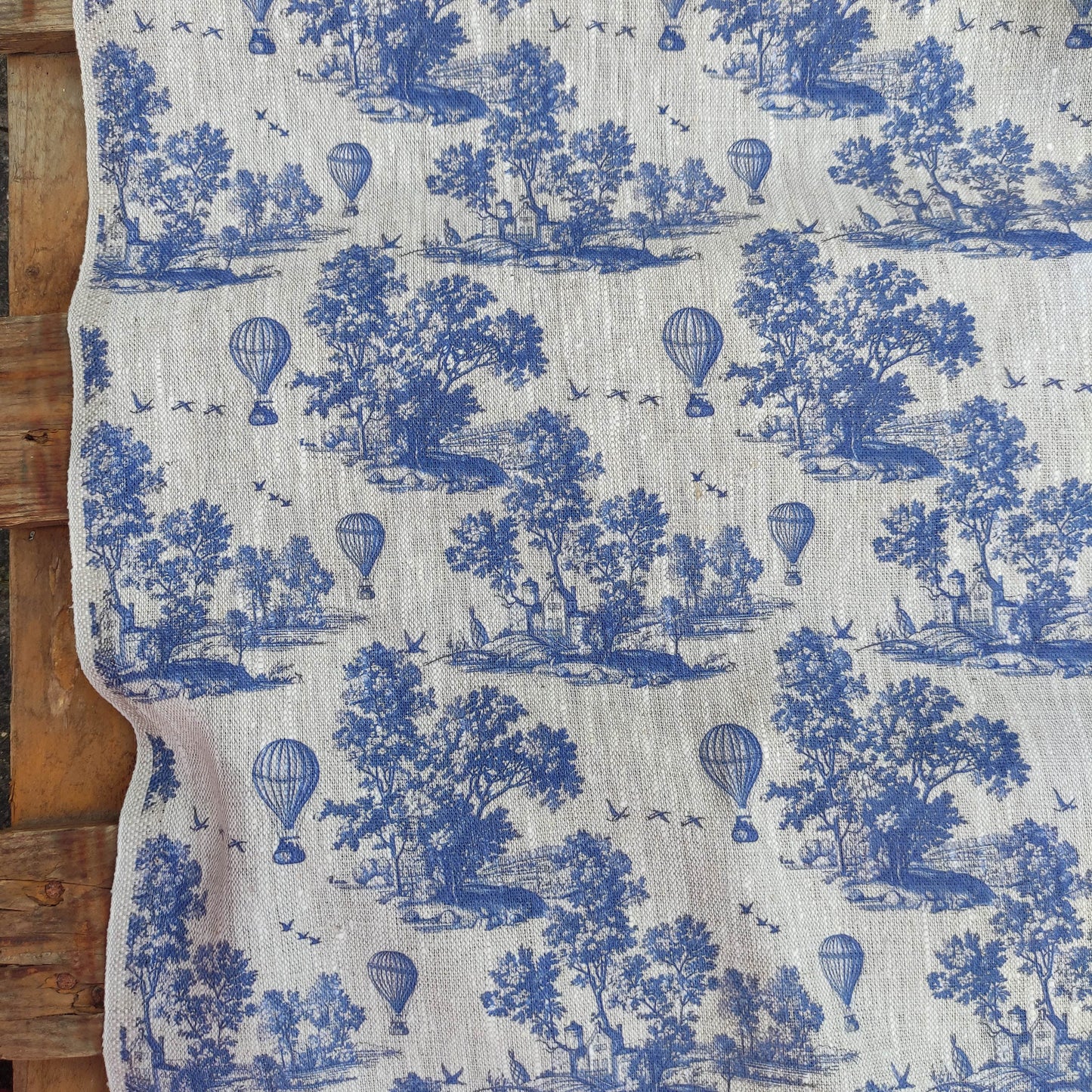 100% LINEN Fabric Toile de Jouy with air Balloon, oatmeal natur linen fabric with blue indigo print, coastal French linen fabric upholstery