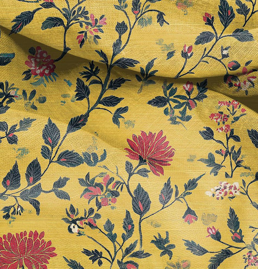 100% LINEN Fabric in heavy weight with floral mustard print - botanical linen fabric for upholstery home decor curtains pillowcases 2563