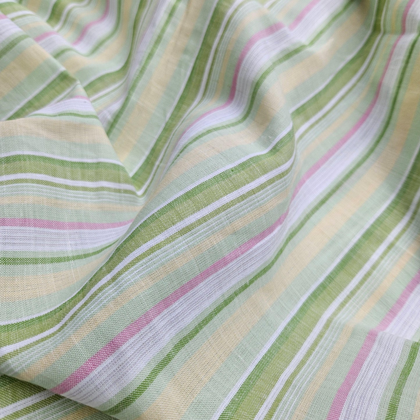 Premium Linen striped Fabric in pastel green white | Medium weight multicolor stripes Andalusia Stripe for clothing home textile