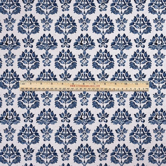 100% LINEN Fabric UPHOLSTERY 12oz - indigo blue block print on oatmeal linen- Morgan - Modern vintage Victorian floral upholstery 389