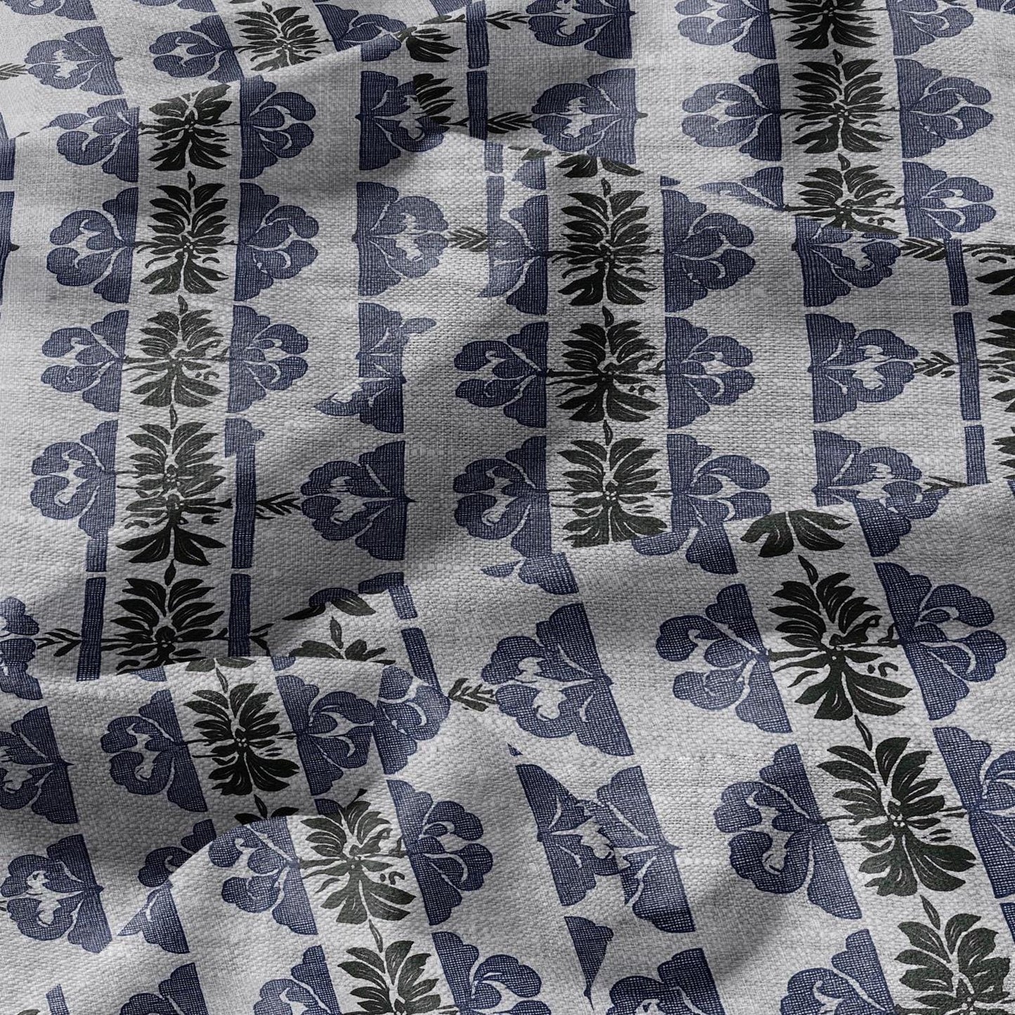 100% LINEN Fabric hand block print floral stripe - oatmeal linen fabric with blue green print - fabric for home decor upholstery