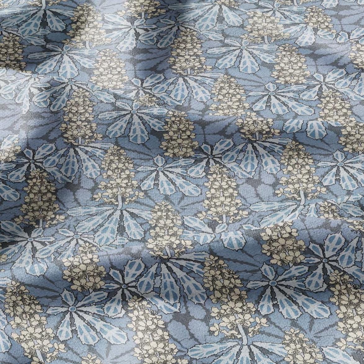 100% linen Art Nouveau Print fabric for Curtain Upholstery Cushion - Floral fabric Chestnut tree blue - fabric for dress making sewing