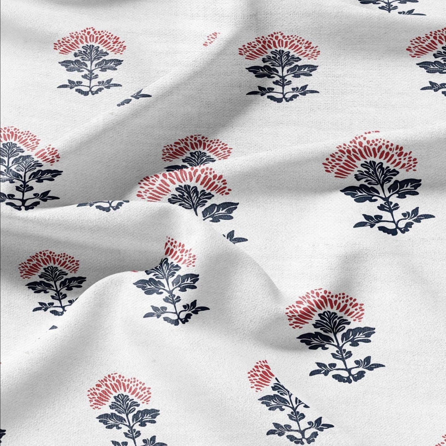 100% LINEN Fabric block print indigo blue red on white - linen fabric with floral print -heavy linen fabric for upholstery home decor