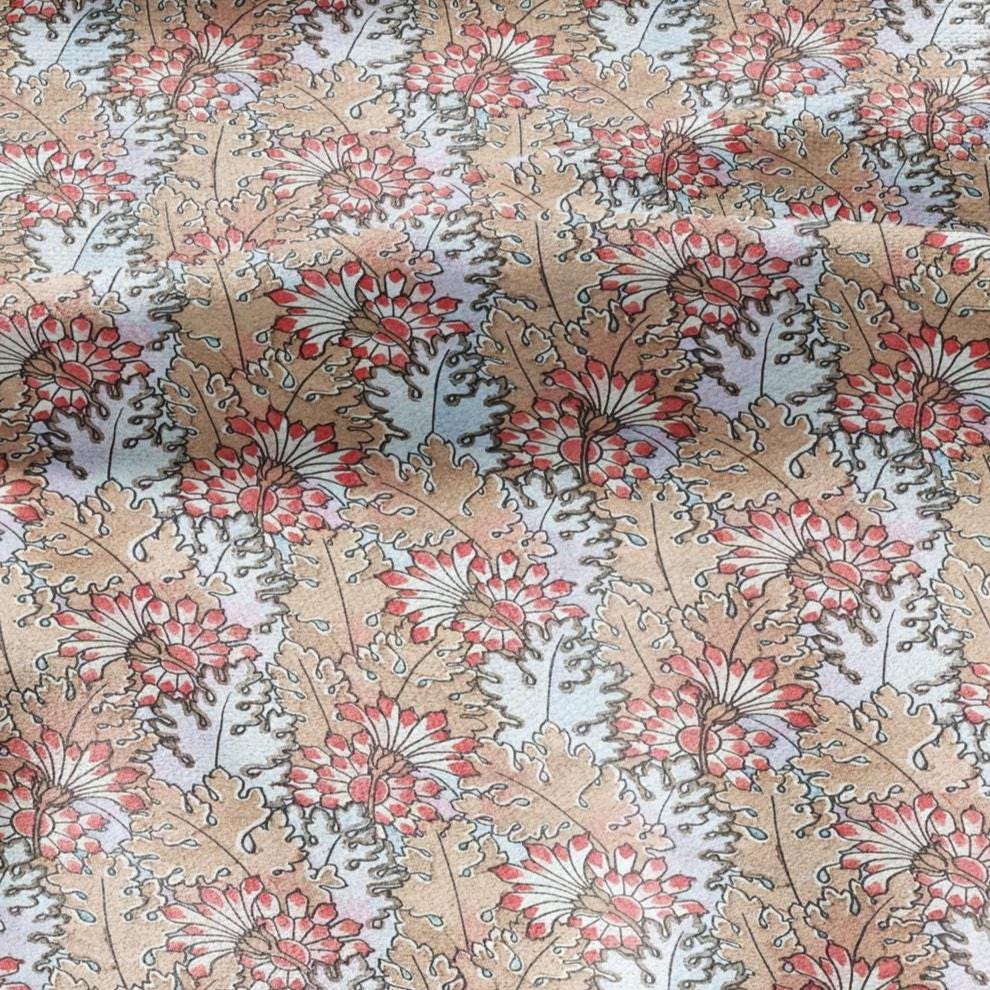 100% linen Chrysanthemum prints fabric for Curtain Upholstery Cushion - Art deco flower print fabric for dress making sewing