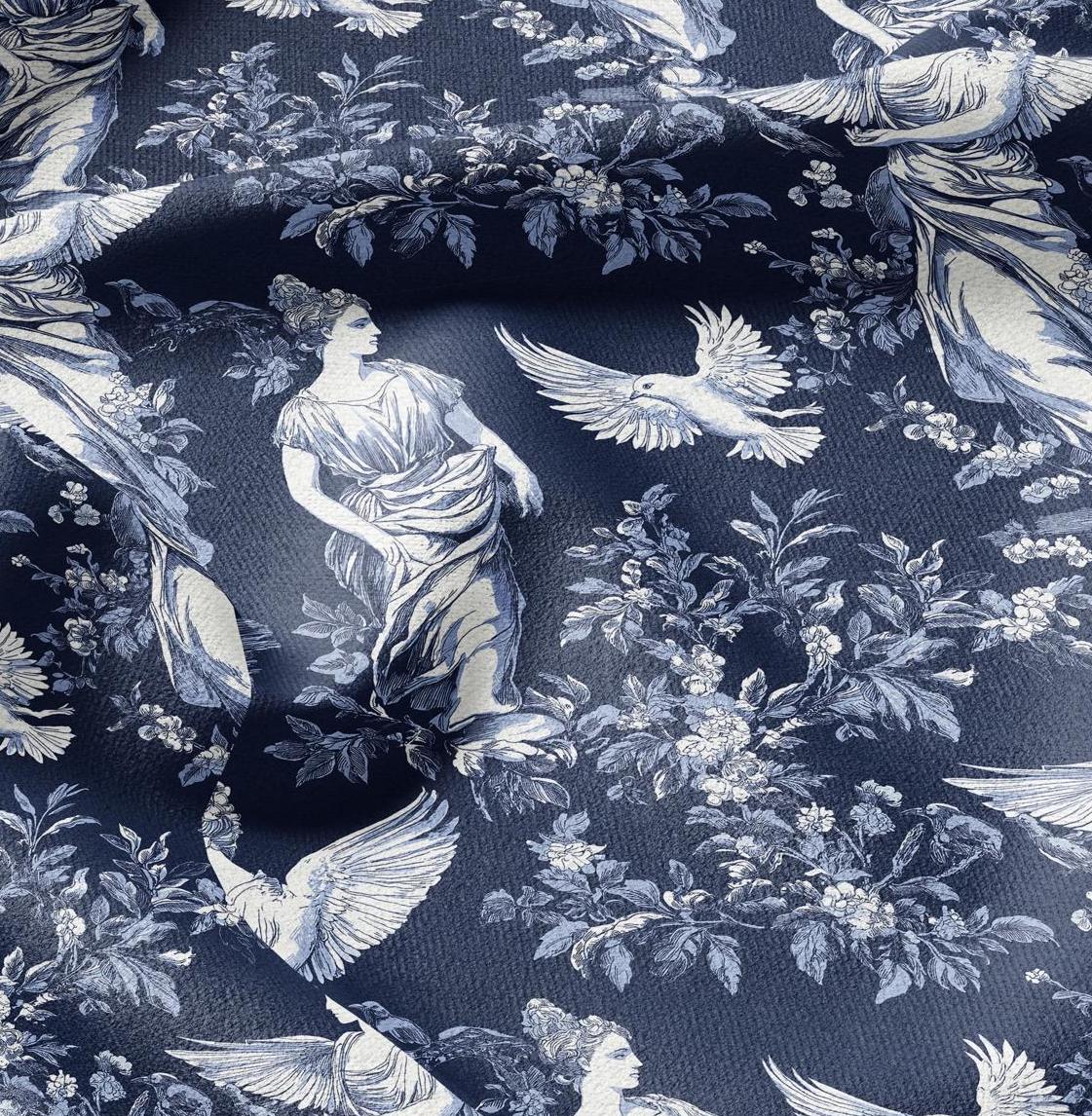 100% LINEN Fabric block print Greek Goddesses - white linen fabric with indigo blue print - heavy linen fabric for upholstery home decor