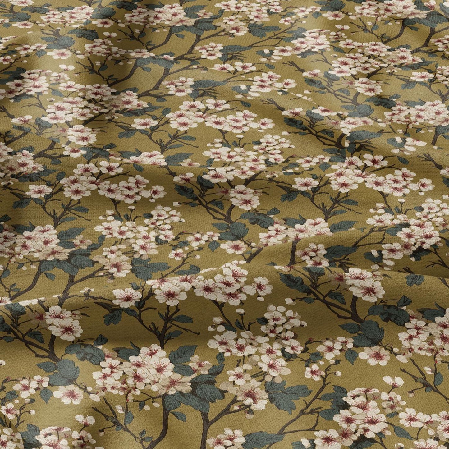 100% LINEN Fabric English flower print - mustard yellow beige floral print on white - heavy linen fabric for upholstery home decor 2612