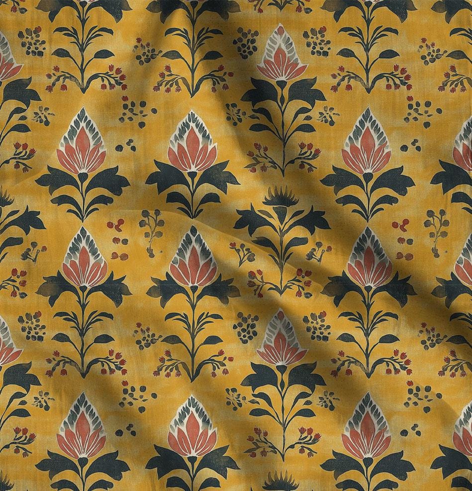 100% LINEN Fabric block print in mustard yellow - linen fabric with mustard floral print - linen fabric upholstery home decor dressmaking 2079