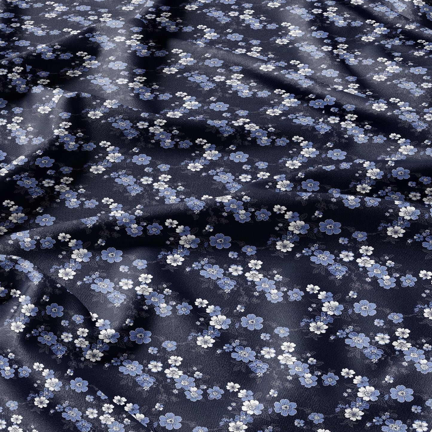 100% LINEN Fabric Japanes blue floral print on white linen - indigo flower on flax fabric for uphlstery heavy / medium for clothing 2579