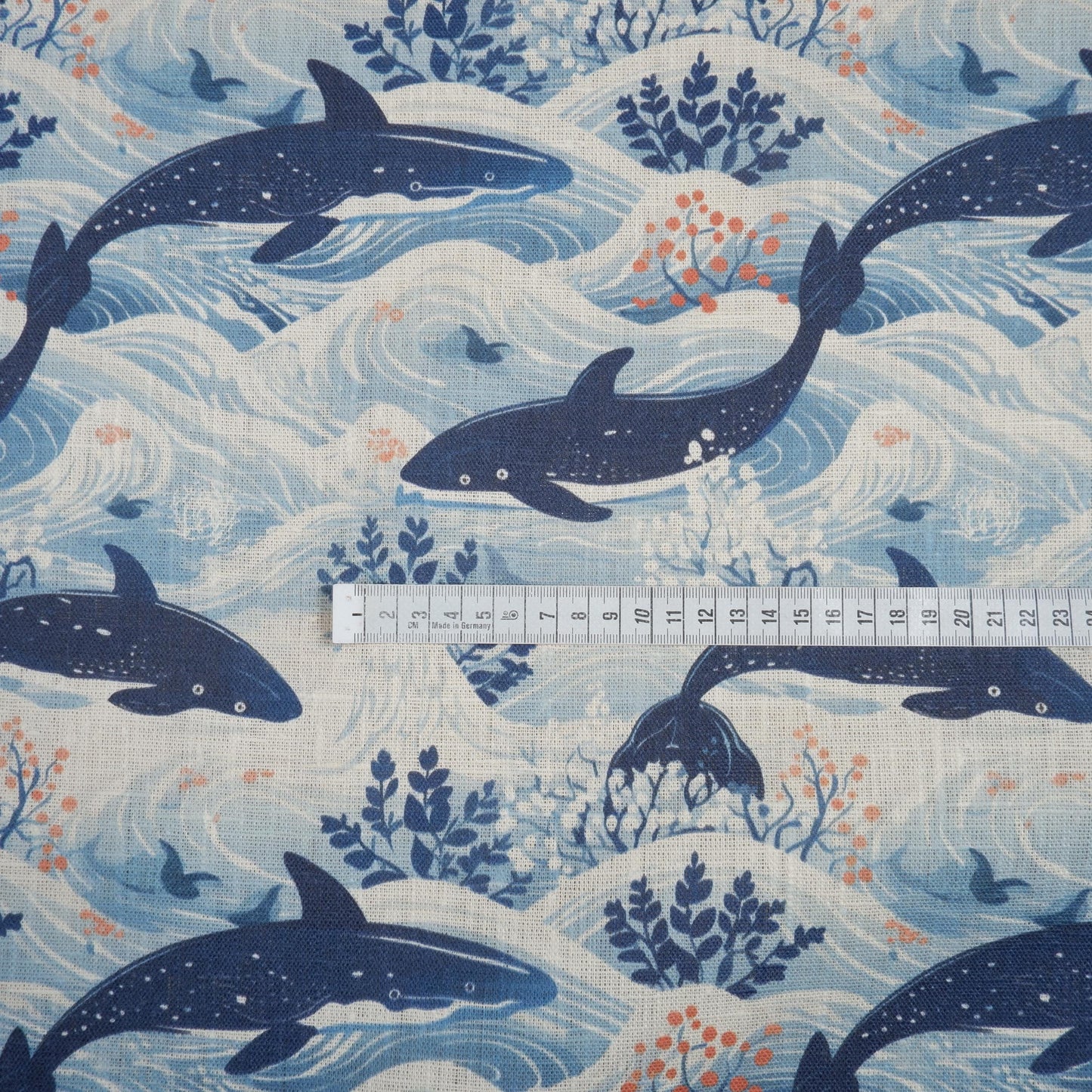 100% LINEN Nautical print WHALE ,white linen fabric with blue coastal print for upholstery home decor