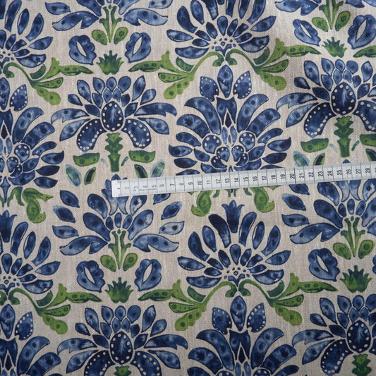100% LINEN Fabric watercolor pattern on oatmeal natur linen fabric with blue gren print, heavy linen fabric for upholstery home decor